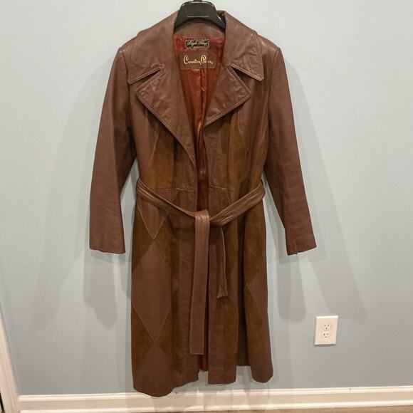 Vintage Womens Long Leather Suede Patchwork Trench Coat Size 16 Western Cowboy